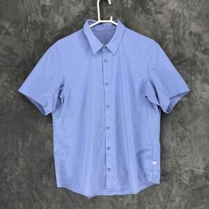 Lululemon Mens Short Sleeve Button Down Shirt Blue Textured Grid Commuter XL